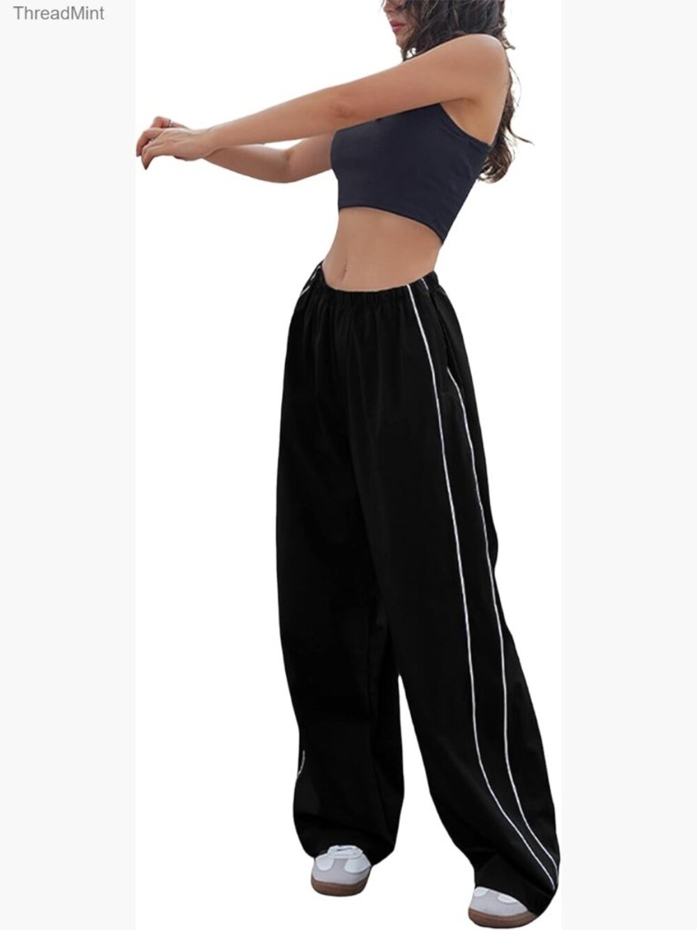 Wide Leg Track Pants Slouchy Stripe Detail Jogger Sweatpants with Pockets